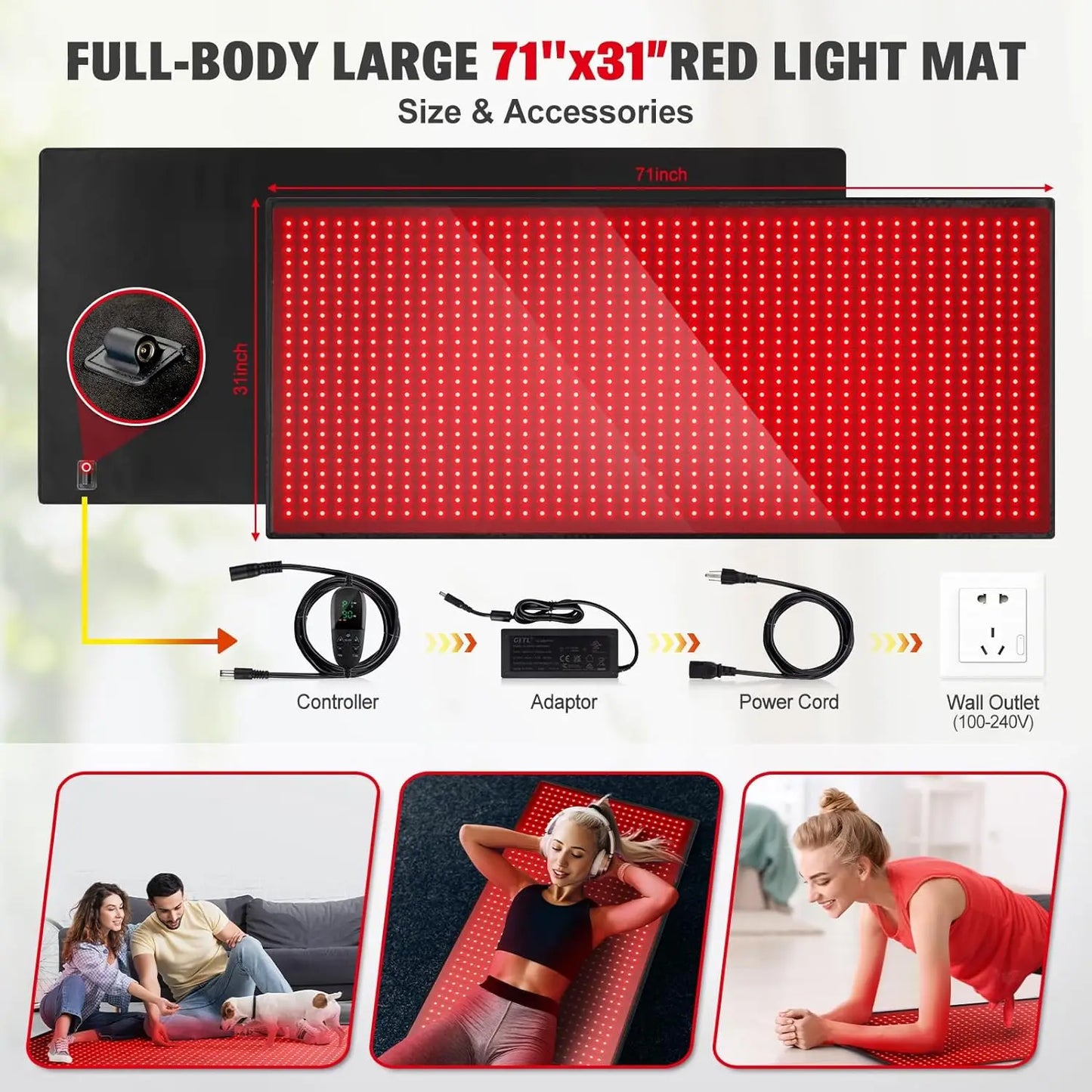 1280 LEDs Red Infrared Light Therapy Mat for Body,71"x 31" Red Light Therapy Blanket 660nm 850nm Full Body Pad for Pain Relief